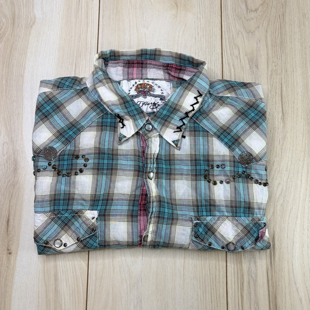 Ed Hardy Mens Plaid Button Down Shirt Multicolor Size XL Slim Fit Metallic Studs